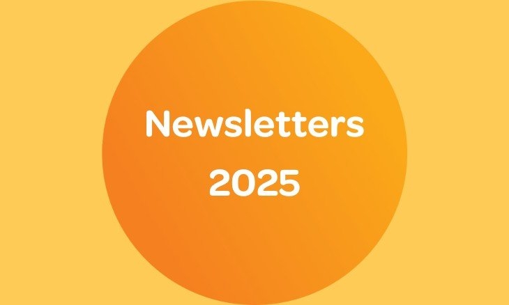 Orange circle on yellow background with the text "Newsletters 2025.