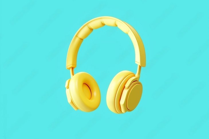 A pair of yellow headphones displaying mental health podcasts on a turquoise background.