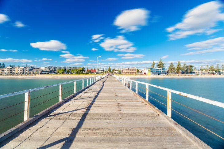 A wooden pier with a blue sky and white clouds.