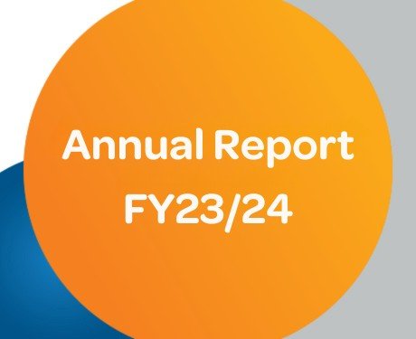 Orange circle with white text: "Annual Report FY23/24," against a gray and blue background.