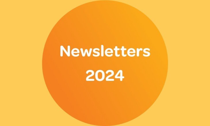 Orange circle on a yellow background with white text reading "Newsletters 2024.